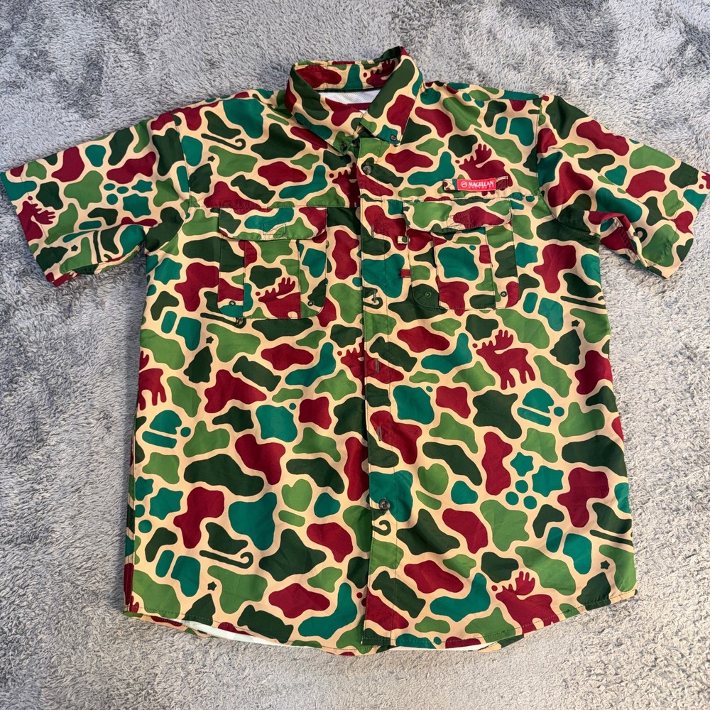 Magellan Mens Fish Gear Camo Fishing Shirt Medium Green Red Moose Holiday Print